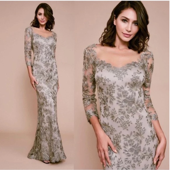 Tadashi Shoji Dresses & Skirts - TADASHI SHOJI TOMETI tan gold green EMBROIDERED TULLE GOWN v-neck maxi dress